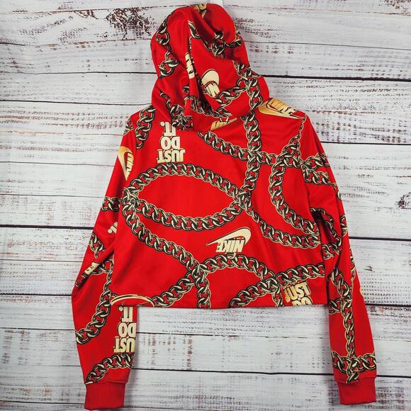 Nike CJ6305-657 Chain Print Hoodie M Red Gold Just Do It Crop Pullover Rare - Picture 2 of 8